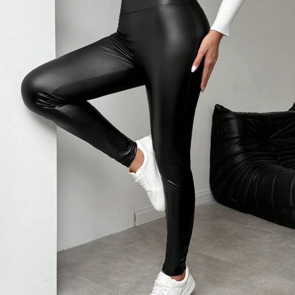 Black Casual Women's Thermal Lined Stretchy Footless faux leather Leggings - Picture 9 of 9